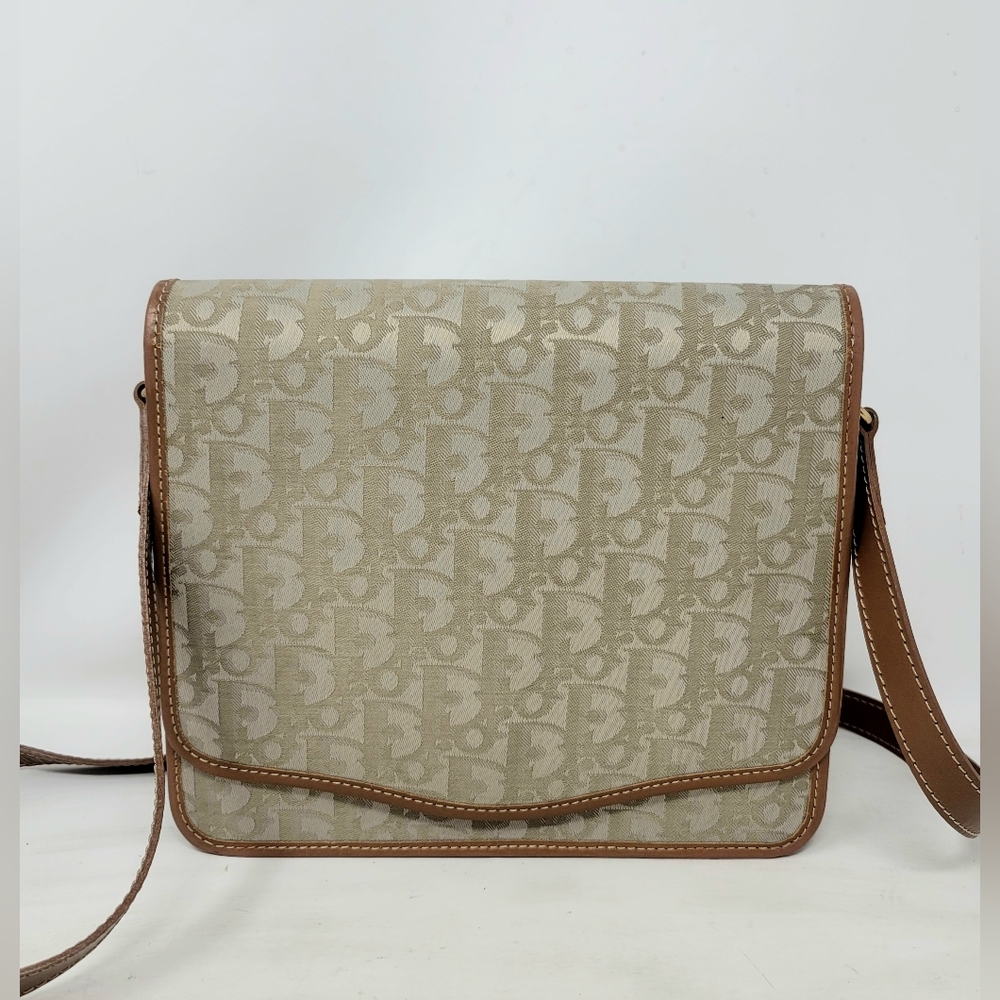 Dior Beige Brown Oblique Jacquard Canvas Leather Crossbody Bag Authentic Vintage